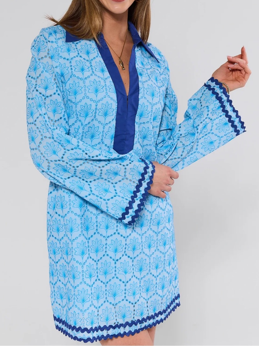 Avara Cove Blue Embroidered Tunic Dress